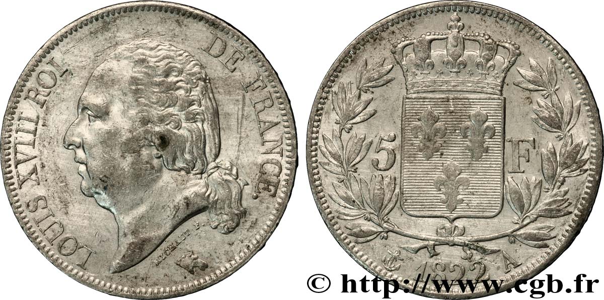 5 francs Louis XVIII, tête nue 1822 Paris F.309/68 XF45 