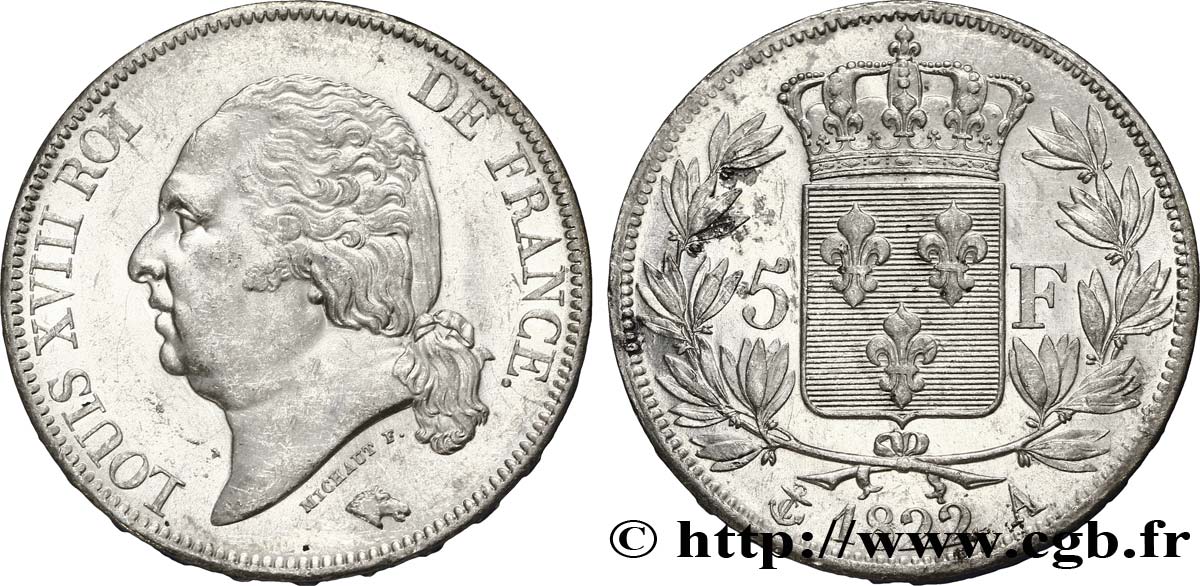 5 francs Louis XVIII, tête nue 1822 Paris F.309/68 EBC60 