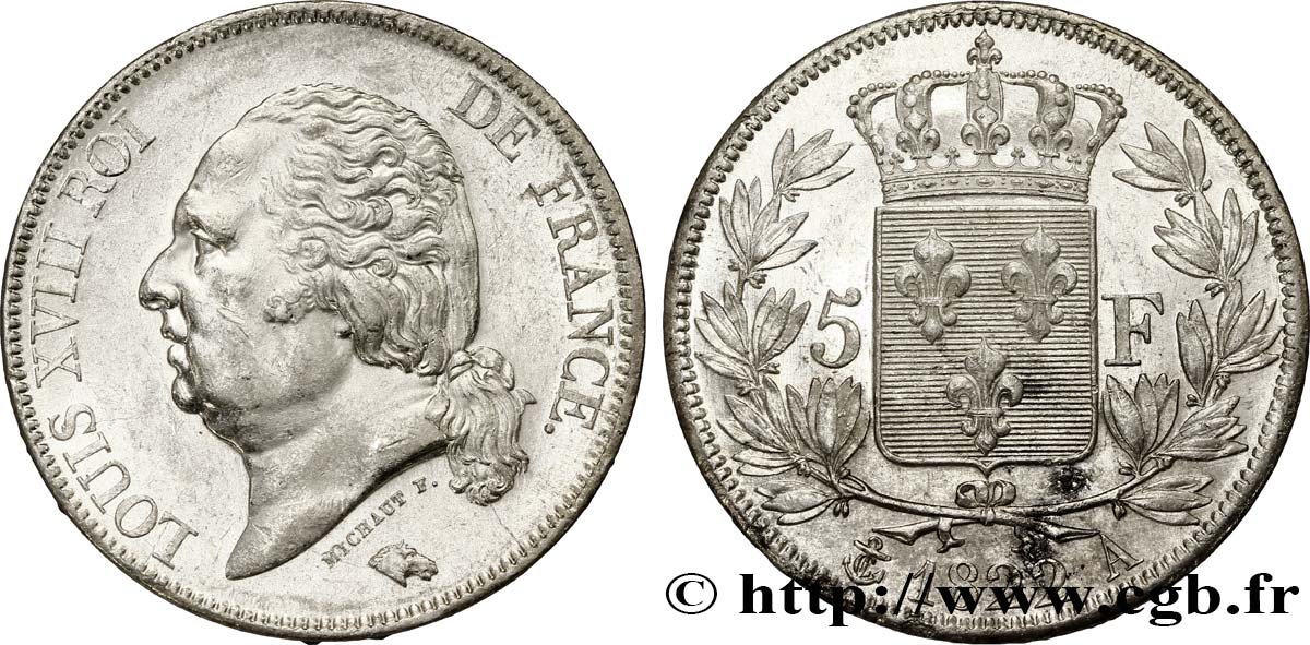 5 francs Louis XVIII, tête nue 1822 Paris F.309/68 EBC60 