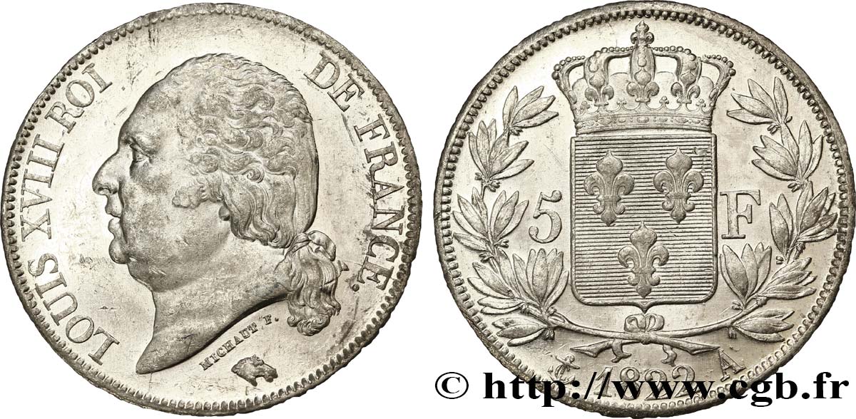 5 francs Louis XVIII, tête nue 1822 Paris F.309/68 SUP58 