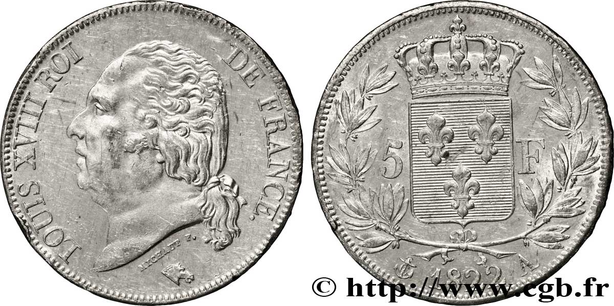 5 francs Louis XVIII, tête nue 1822 Paris F.309/68 MS60 