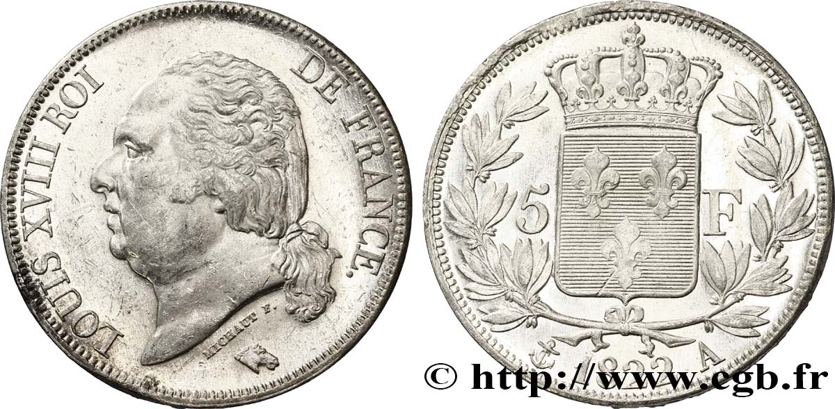 5 francs Louis XVIII, tête nue 1822 Paris F.309/68 SPL58 