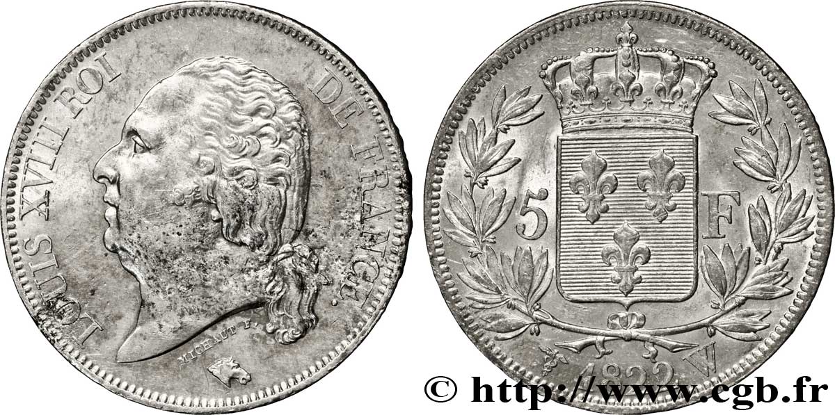 5 francs Louis XVIII, tête nue 1822 Lille F.309/75 SUP55 