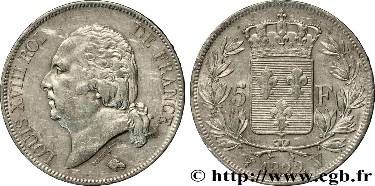5 francs Louis XVIII, tête nue 1822 Lille F.309/75 TTB45 
