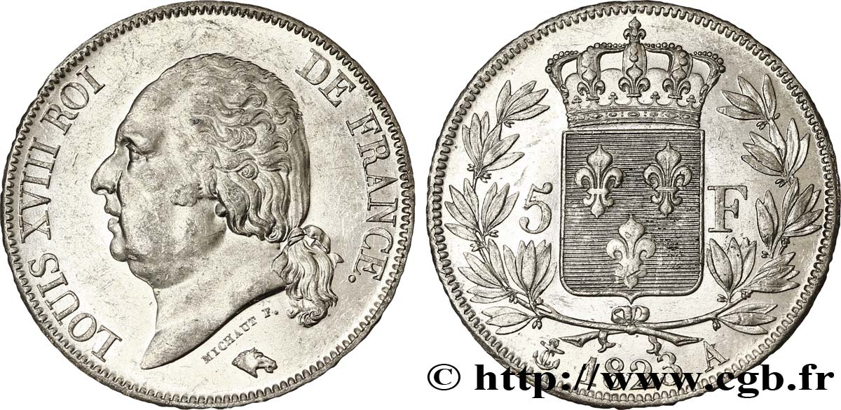 5 francs Louis XVIII, tête nue 1823 Paris F.309/76 MBC53 