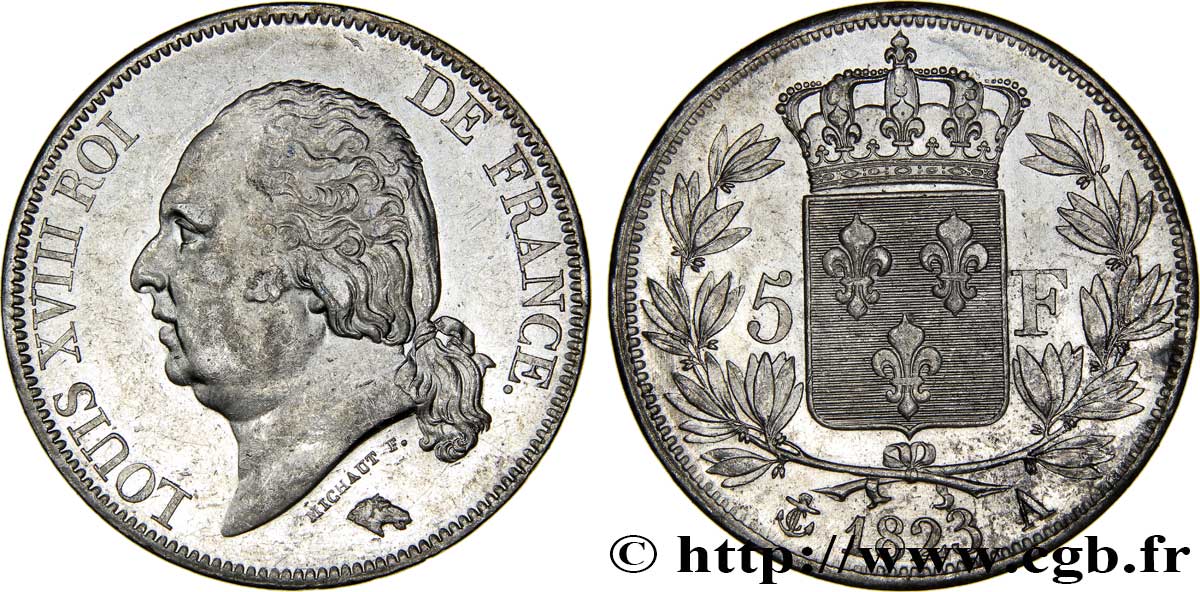 5 francs Louis XVIII, tête nue 1823 Paris F.309/76 TTB53 