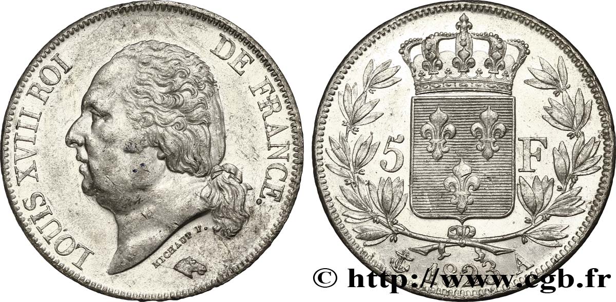 5 francs Louis XVIII, tête nue 1823 Paris F.309/76 TTB53 