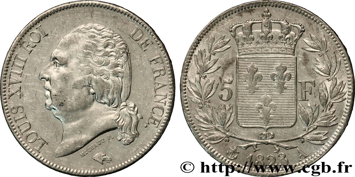 5 francs Louis XVIII, tête nue 1823 Paris F.309/76 TTB45 