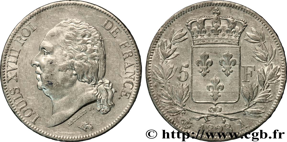 5 francs Louis XVIII, tête nue 1823 Paris F.309/76 TTB48 