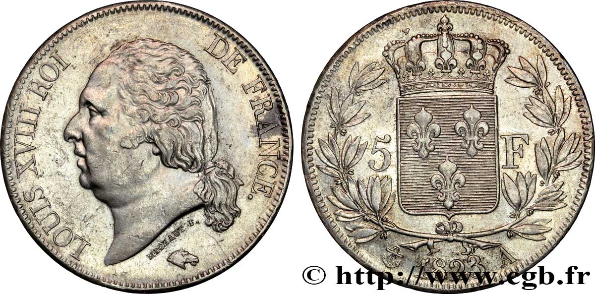 5 francs Louis XVIII, tête nue 1823 Paris F.309/76 TTB52 