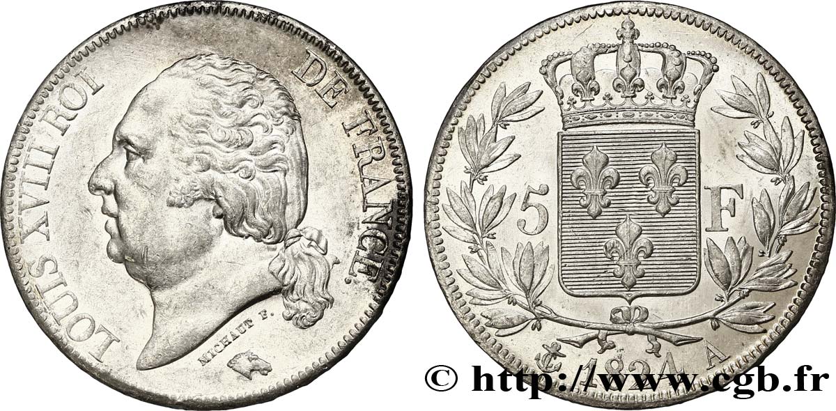 5 francs Louis XVIII, tête nue 1824 Paris F.309/88 AU53 