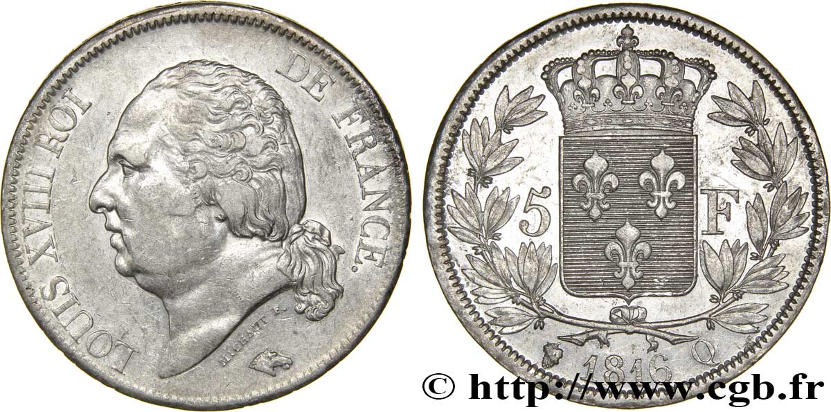 5 francs Louis XVIII, tête nue 1816 Perpignan F.309/11 TTB45 