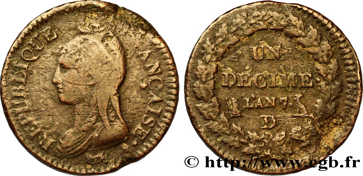 Un décime Dupré, grand module 1799 Lyon F.129/40 TB35 