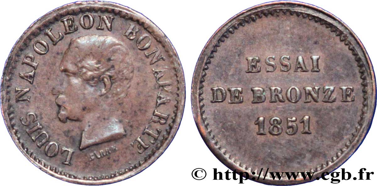 Essai de bronze au module de un centime, Louis-Napoléon Bonaparte 1851 Paris VG.3297  AU50 