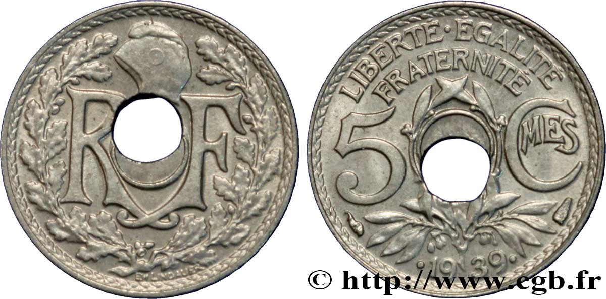 5 centimes Lindauer, maillechort 1939 Paris F.123A/3 var. AU55 