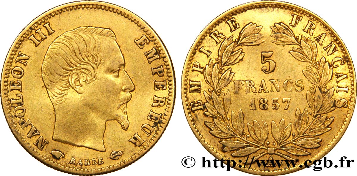 5 francs or Napoléon III, tête nue, grand module 1857 Paris F.501/4 TTB45 