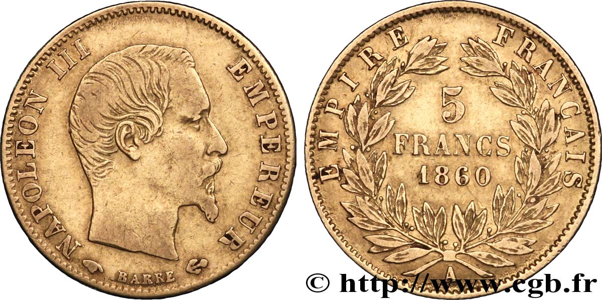 5 francs or Napoléon III, tête nue, grand module 1860 Paris F.501/10 XF40 