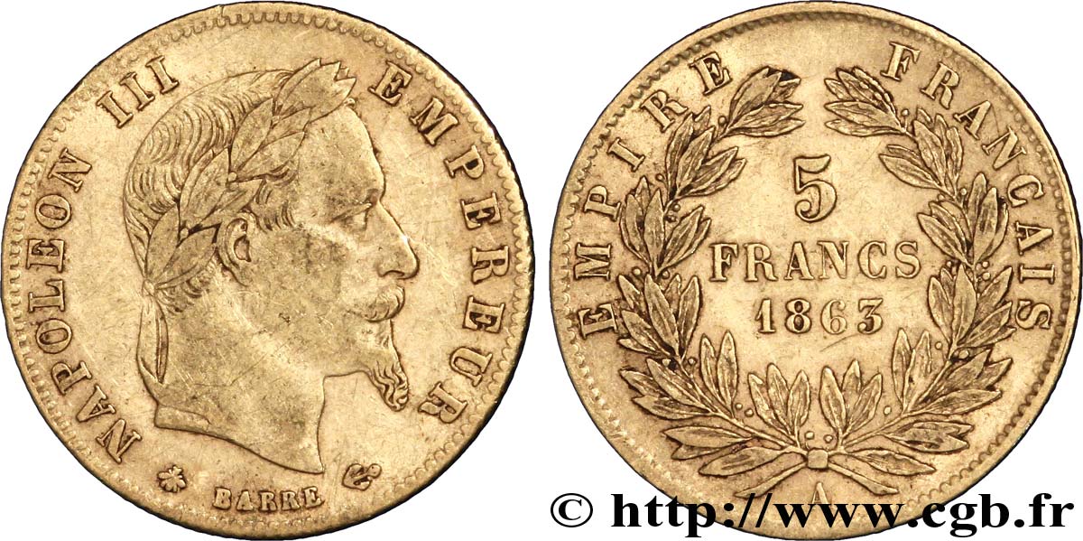 5 francs or Napoléon III, tête laurée 1863 Paris F.502/3 MBC45 