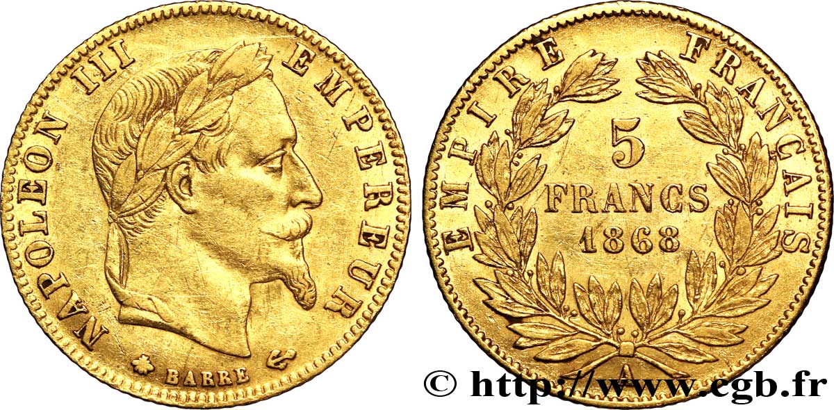 5 francs or Napoléon III, tête laurée 1868 Paris F.502/13 TTB50 