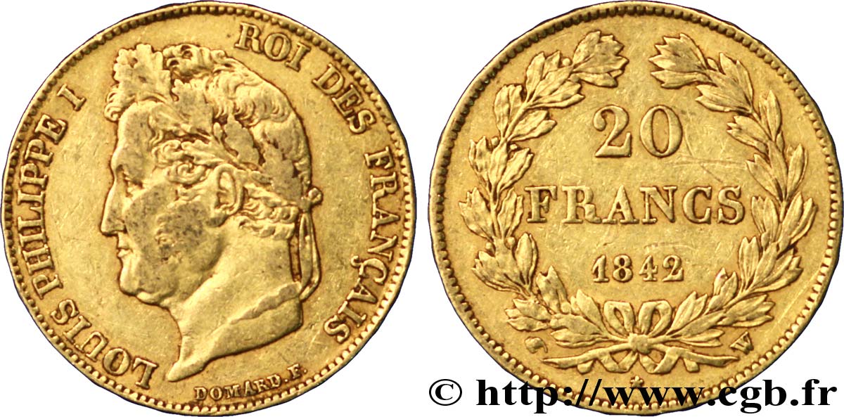 20 francs or Louis-Philippe, Domard 1842 Lille F.527/28 XF45 