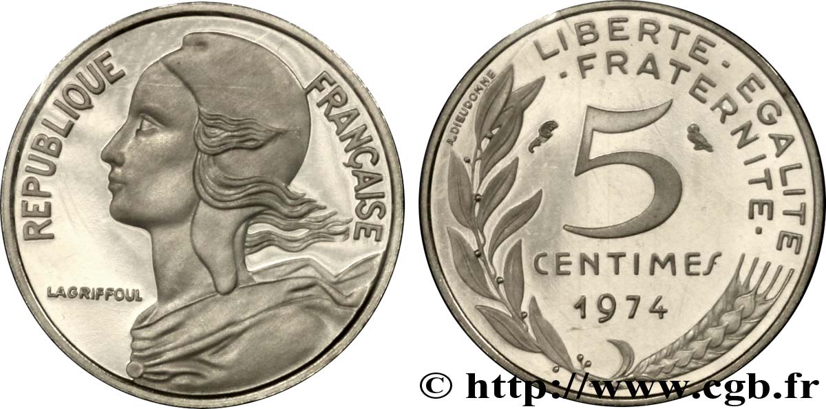 Piéfort argent de 5 centimes Marianne 1974 Pessac F.125/10P MS70 