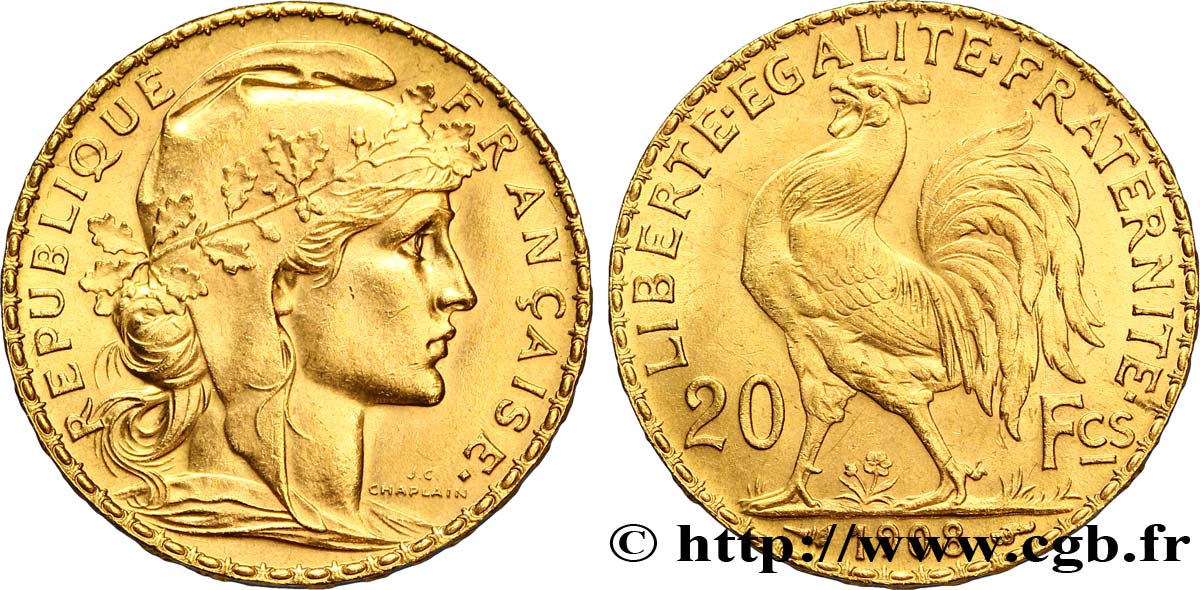 20 francs or Coq, Liberté Égalité Fraternité 1908 Paris F.535/2 AU55 