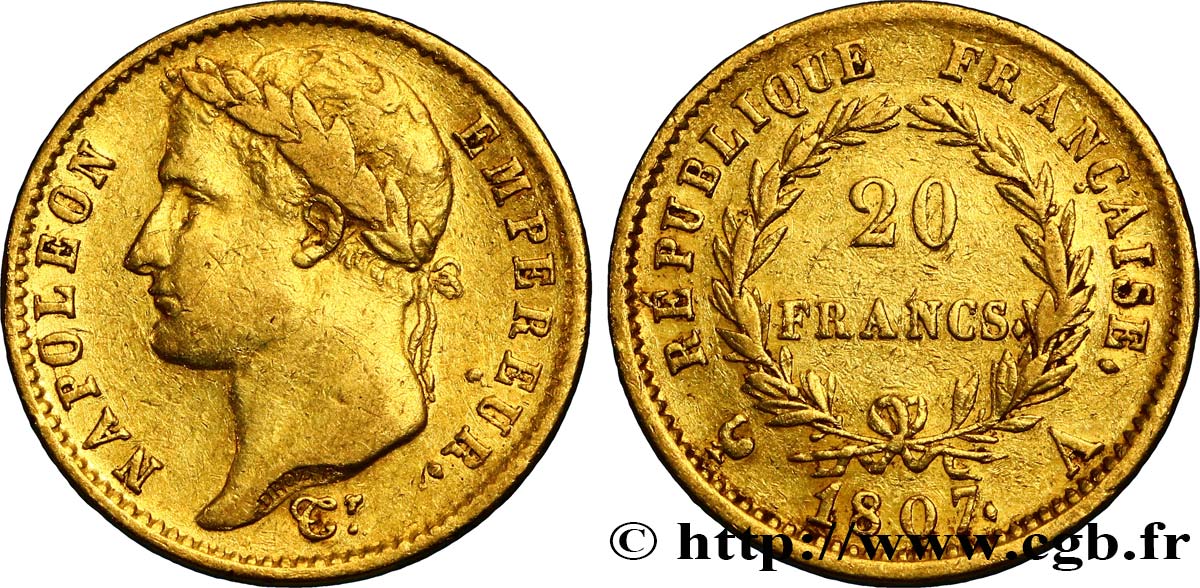 20 francs or Napoléon tête laurée, République française 1807 Paris F.515/1 TTB42 