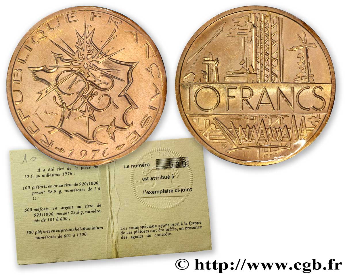 Piéfort Cu-Ni-Al de 10 francs Mathieu, tranche A 1976 Pessac F.365/4P MS70 