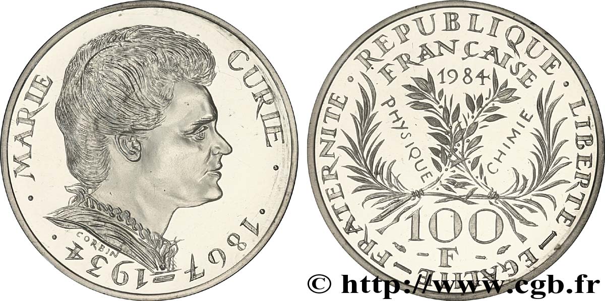 Piéfort argent de 100 francs Marie Curie 1984 Pessac F.452/2P FDC70 