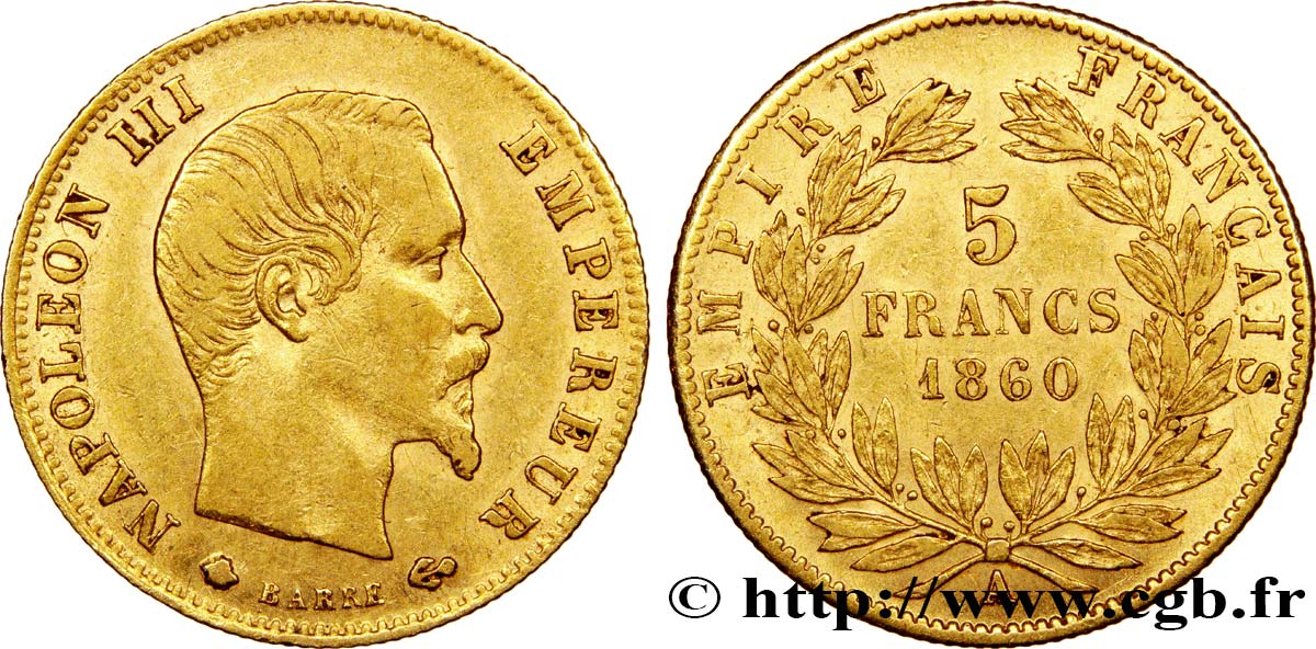5 francs or Napoléon III, tête nue, grand module 1860 Paris F.501/11 MBC45 