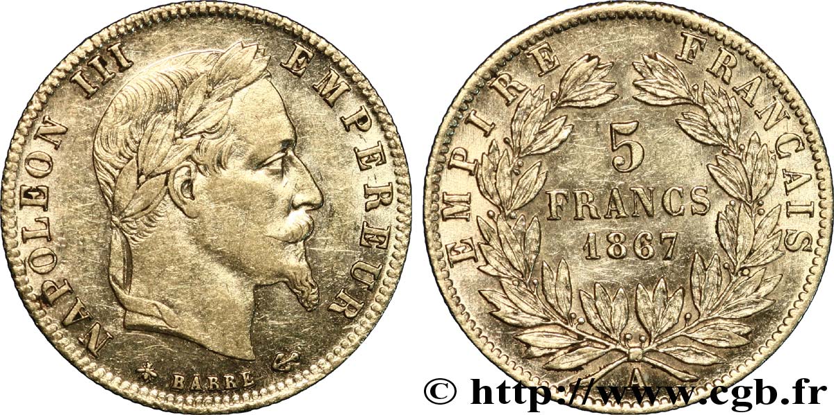 5 francs or Napoléon III, tête laurée 1867 Paris F.502/11 SUP55 