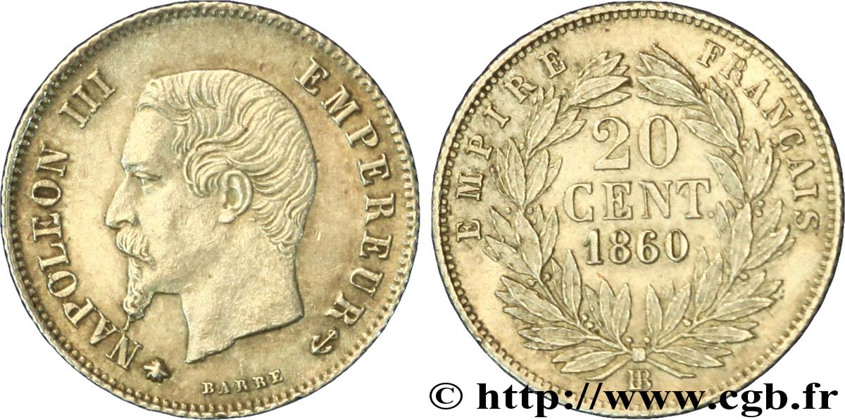 20 centimes Napoléon III, tête nue 1860 Strasbourg F.148/16 SUP60 