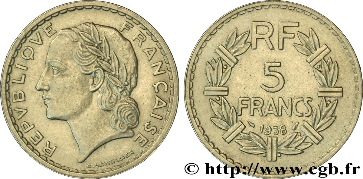 5 francs Lavrillier, nickel 1938  F.336/7 SUP58 