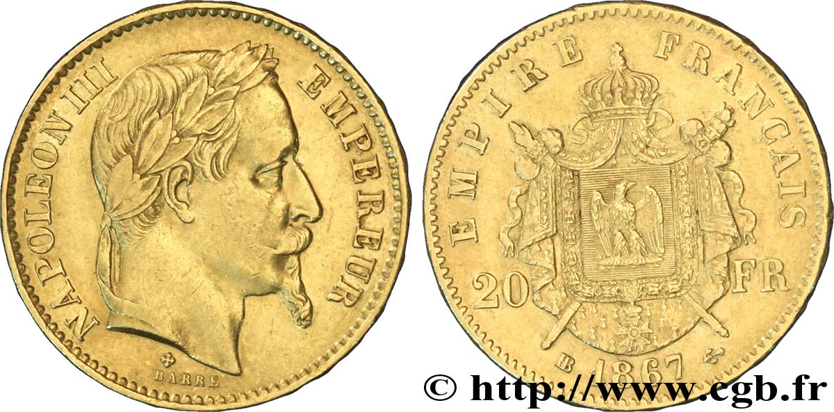 Valeur D'un Louis D'or Napoleon 20 Francs 1867 20 francs or Napoléon III, tête laurée, petit BB 1867 Strasbourg F.532/