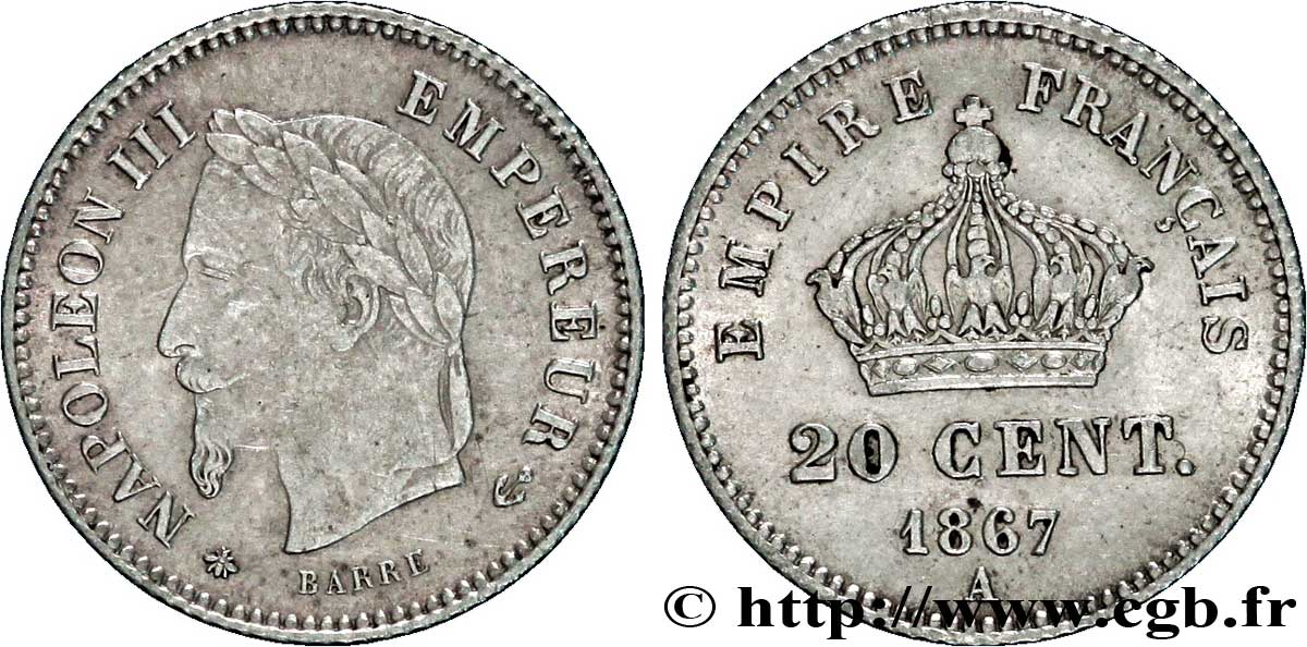 20 centimes Napoléon III, tête laurée, grand module 1867 Paris F.150/1 SPL58 
