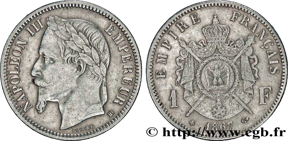 1 franc Napoléon III, tête laurée 1867 Strasbourg F.215/7 TTB45 