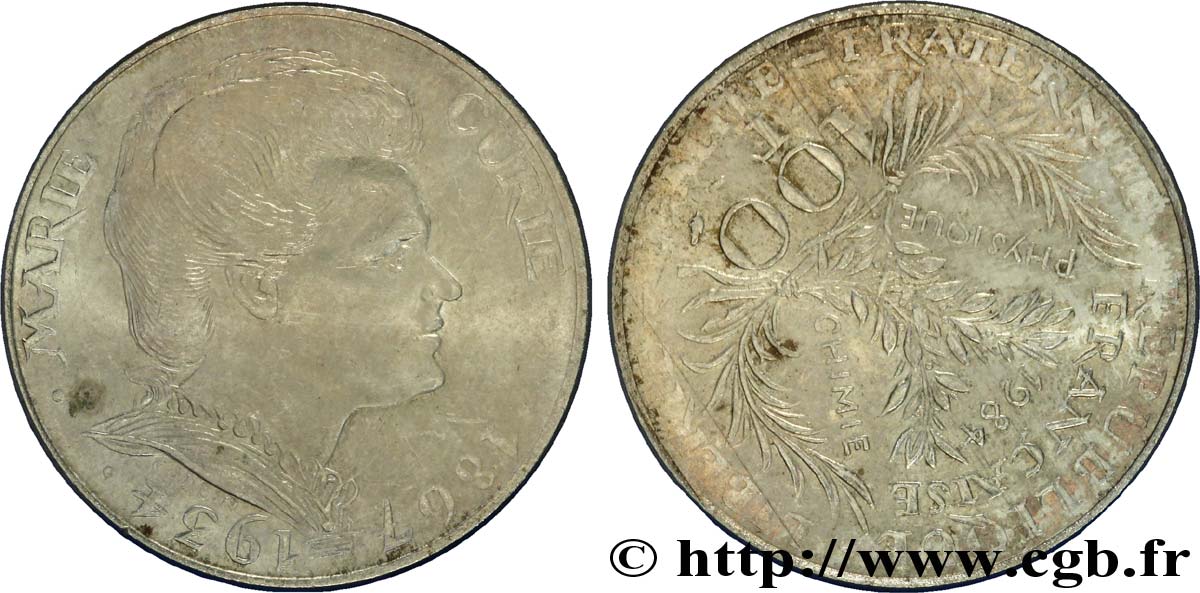 Faux de 100 francs Marie Curie, désaxé à 10 heures 1984  F.452/2 var. SUP58 