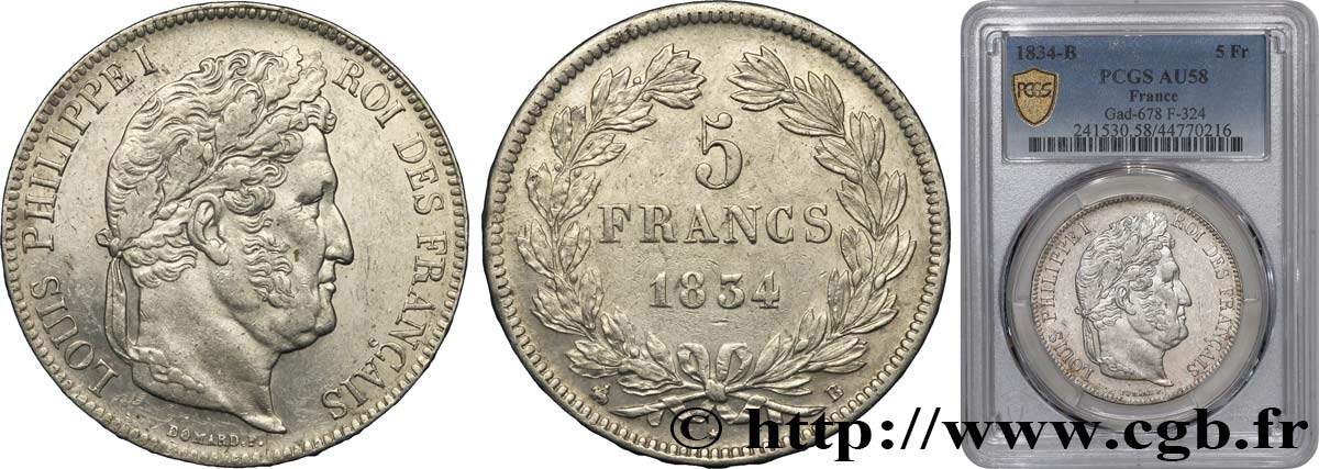 5 francs IIe type Domard 1834 Rouen F.324/30 SUP58 PCGS