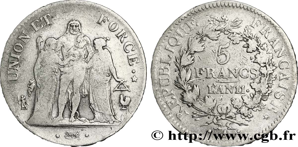 5 francs Union et Force, Union serré, seulement glands intérieurs 1803 Paris F.288/191 TB25 