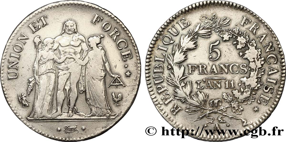 5 francs Union et Force, Union serré, seulement glands intérieurs 1803 Paris F.288/188 SS40 