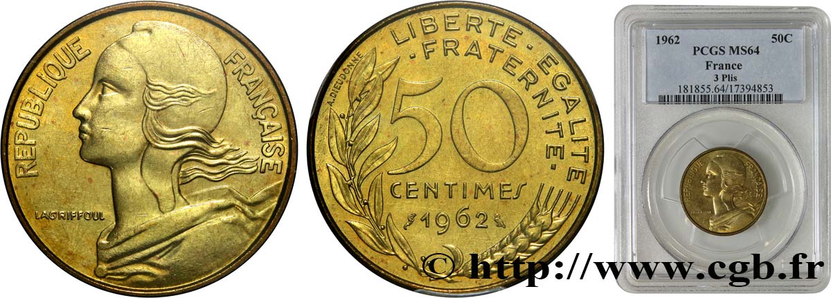 50 centimes Marianne, col à trois plis 1962 Paris F.197/2 SPL64 PCGS