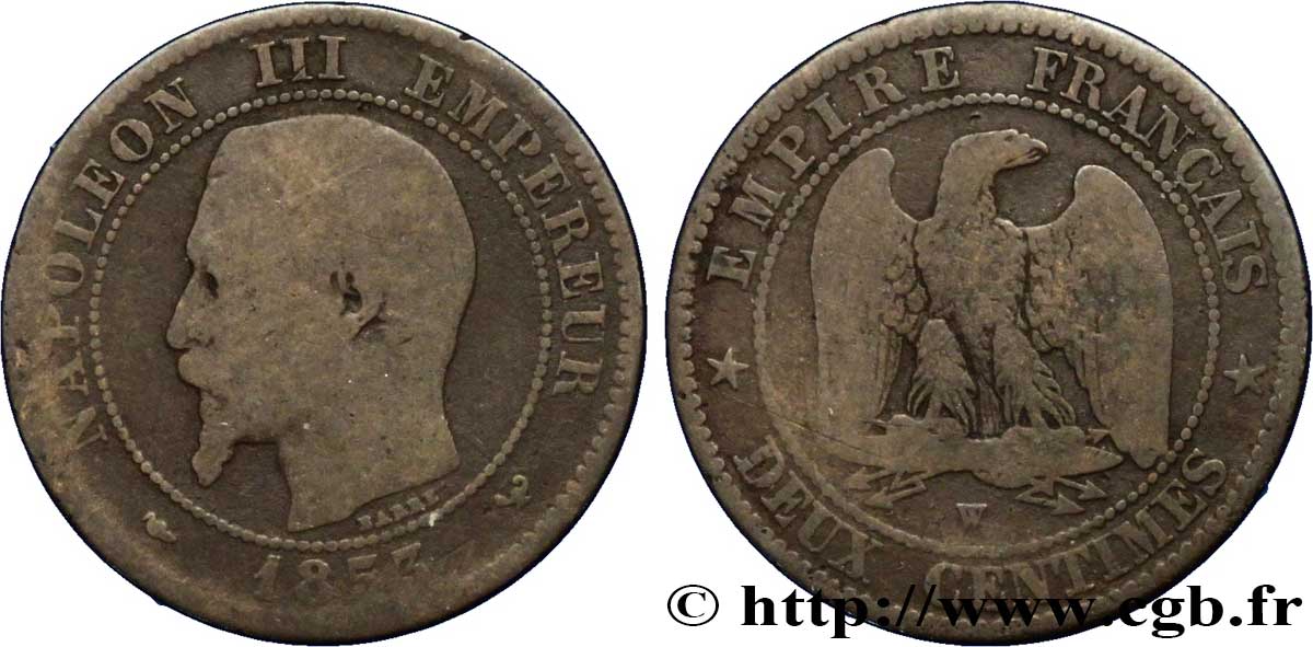 Deux centimes Napoléon III, tête nue 1853 Lille F.107/8 B6 