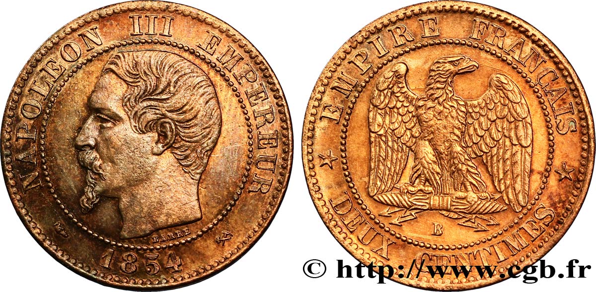 Deux centimes Napoléon III, tête nue 1854 Rouen F.107/10 SUP58 