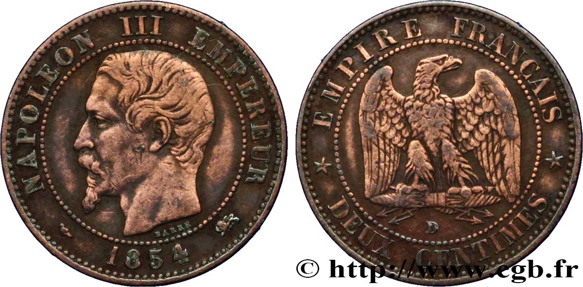 Deux centimes Napoléon III, tête nue 1854 Lyon F.107/14 TB35 