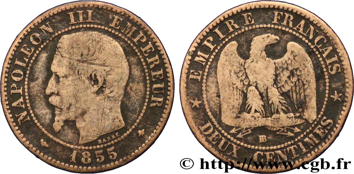 Deux centimes Napoléon III, tête nue 1855 Strasbourg F.107/23 VG10 