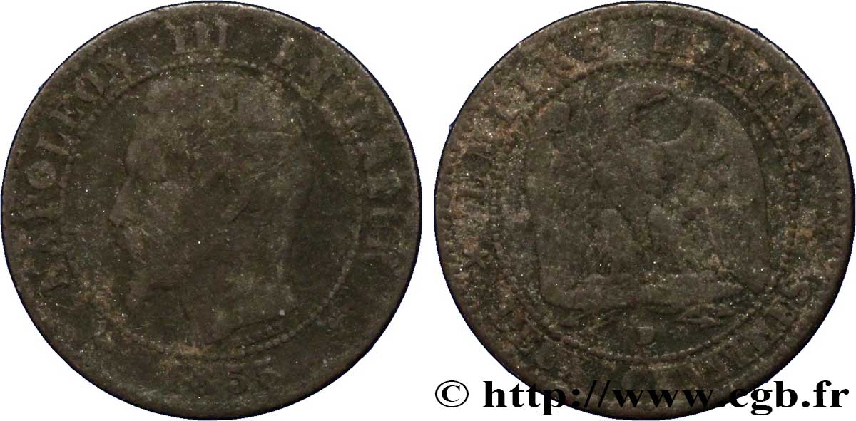Deux centimes Napoléon III, tête nue 1855 Lyon F.107/30 B12 