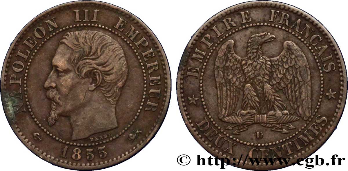 Deux centimes Napoléon III, tête nue 1855 Lyon F.107/32 TTB40 