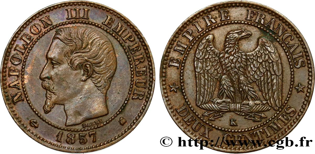 Deux centimes Napoléon III, tête nue 1857 Bordeaux F.107/49 MBC50 