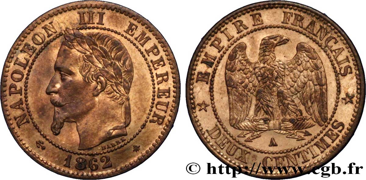Deux centimes Napoléon III, tête laurée, buste définitif 1862 Paris F.108A/4 VZ62 