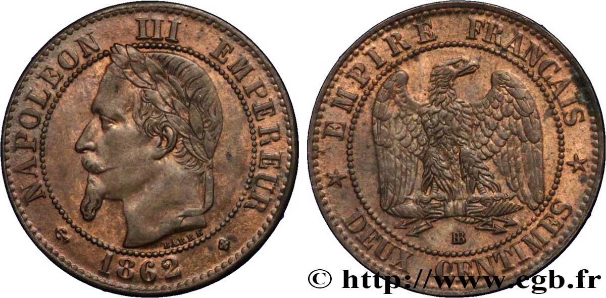 Deux centimes Napoléon III, tête laurée, buste définitif 1862 Strasbourg F.108A/5 MS60 